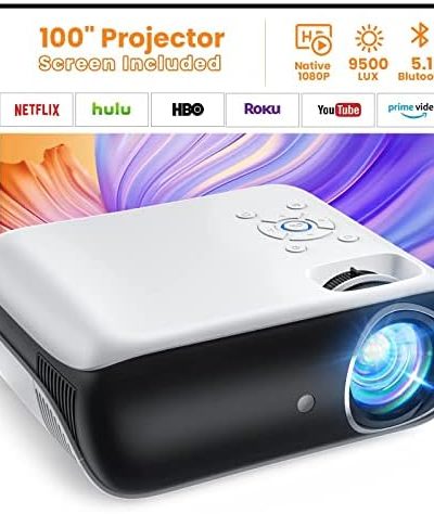 HAPPRUN Projector, Native 1080P Bluetooth Projector with 100''Screen, 9500L Portable Outdoor Movie